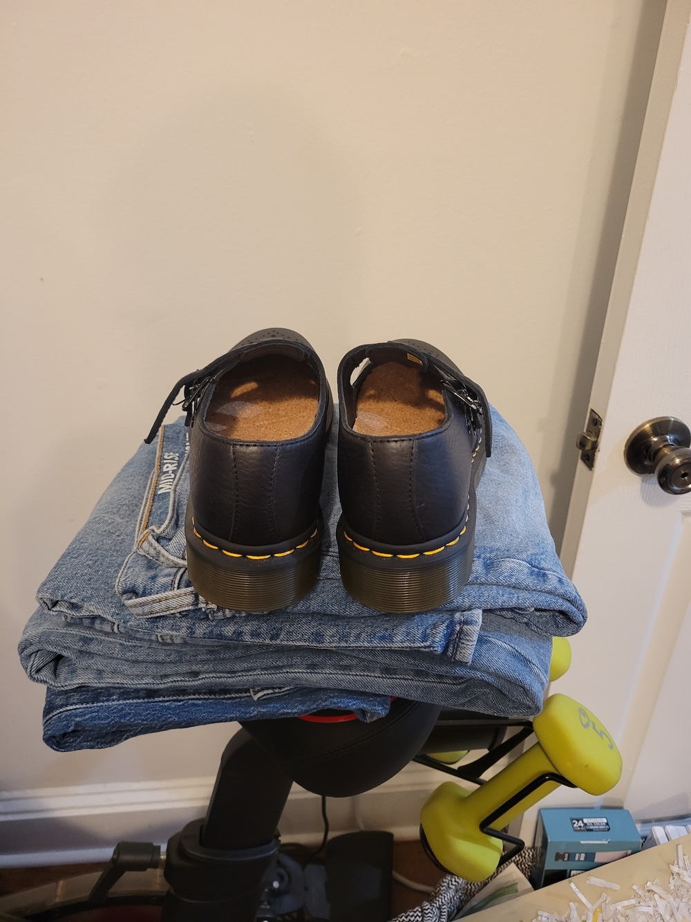 Doc Martens Black Mary Jane Shoes with Yellow Stitching - Picture 3 of 7